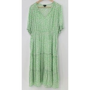 Who What Wear Neon Green Pink Floral Tiered Dress V Neck XL Praire Cottage Boho‎